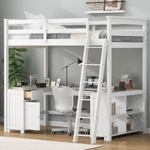 NicBex Full Size Bunk Bed with Desk Wooden Bed Frame with Cabinet, Shelves, Drawers, Inclined Ladder and Guardrail, No Box Spring Required, White - 1 of 4