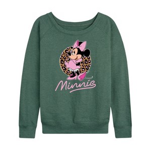 Women's - Disney - Minnie Leopard Print Lightweight French Terry Wide Neck Long Sleeve Shirt - 1 of 4