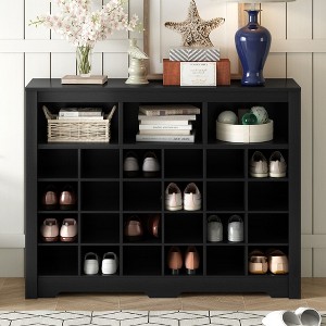 Shoe Rack with Curved Base Large Capacity Free Standing Shoe Cabinet with 24 Compartments Wooden Organizer for Entryway Bedroom Living Room - 1 of 4