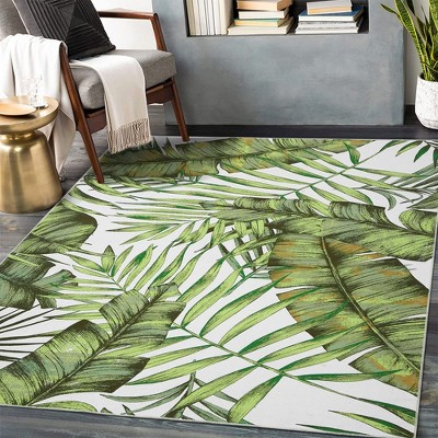 Area Rug Palm Tree Leaf Washable Area Rug, Non Slip Low Profile, Green