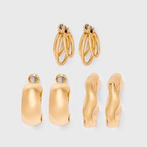 Wide and Chunky Twist Earring Set 3pc - Wild Fable™ Gold: Nickel-Free Metal, Clip-In Clasp, Hoop Style - 1 of 3