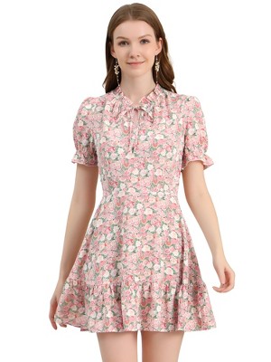Allegra K Women's Summer Chiffon Ruffle Tie Neck Puff Short Sleeve Floral Dress
