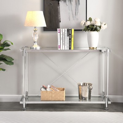VYNXARIA 43.31'' Chrome Glass Sofa Table, Acrylic Side Table, Console Table for Living Room& Bedroom