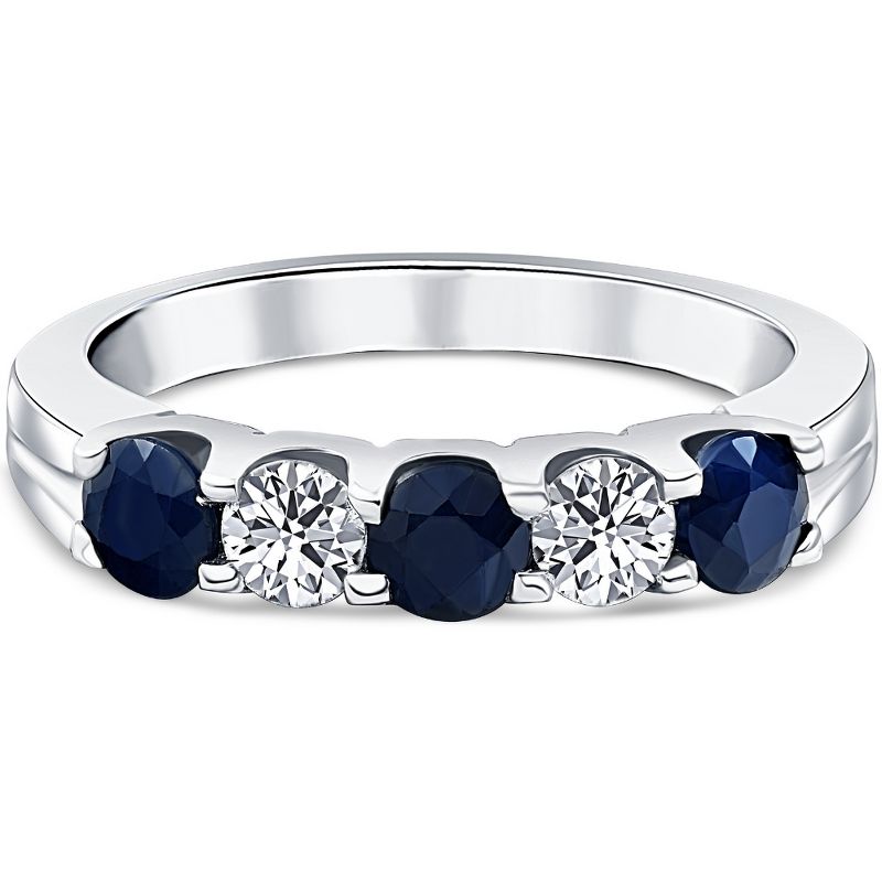 Pompeii3 1 Ct Blue Sapphire Diamond Five Stone Wedding Anniversary Ring 14K White Gold, 4 of 6