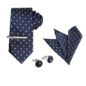 Allegra K Men's Polka Dots Business Wedding Pocket Square Clip Cufflinks Necktie Sets - 1 of 4