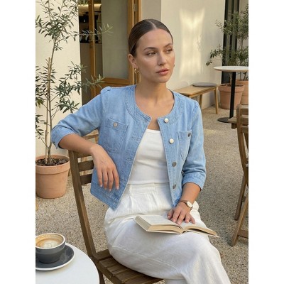 INSPIRE CHIC Women's Casual 3/4 Sleeve Collarless Button Up Cropped Denim Jacket Small Light Blue — фото 2