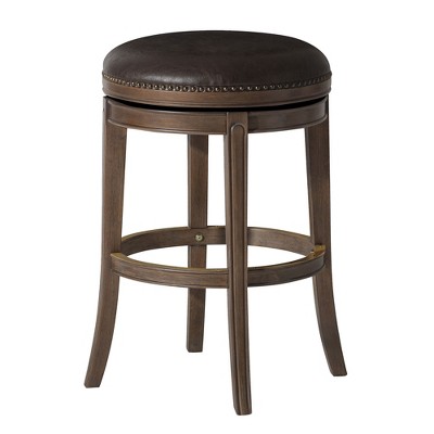 Walnut Backless Swivel Bar Stool with Vegan Leather Seat