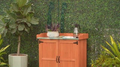 Brown Fir Wood Garden Potting Bench with Metal Tabletop