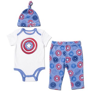 Marvel Avengers Hulk Captain America Spider-Man Baby Bodysuit Pants and Hat 3 Piece Outfit Set Newborn to Infant - 1 of 4