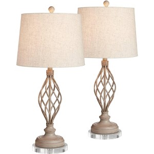 Franklin Iron Works Annie Modern Coastal Table Lamps 29" Tall Set of 2 with Round Risers Sand Iron Tapered Drum Shade for Bedroom Living Room Bedside - 1 of 4