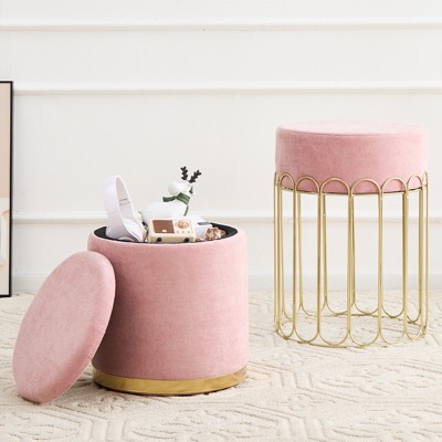 KTMBDW Set of 2 Round Velvet Storage Ottomans – Upholstered Vanity Stool, Footrest, Side Table with Removable Lid for Living Room & Bedroom