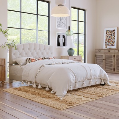 Queen Upholstered Linen Platform Bed Frame With Curved Tufted Headboard ...