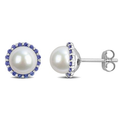 EVERLY JEWELRY | 14K White Gold 1/3 CT TGW Sapphire And 7 - 7.5 MM White Freshwater Cultured Pearl Fashion Post Earrings