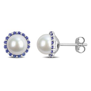 EVERLY JEWELRY | 14K White Gold 1/3 CT TGW Sapphire And 7 - 7.5 MM White Freshwater Cultured Pearl Fashion Post Earrings - 1 of 4