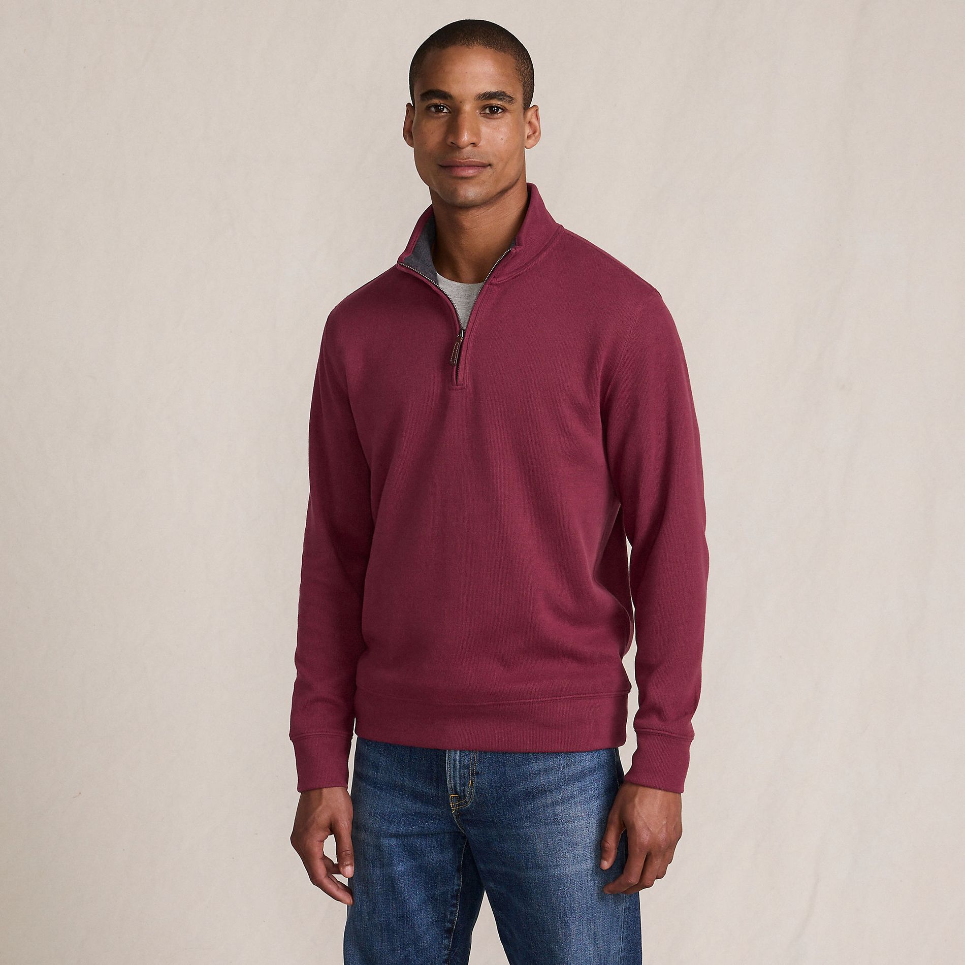 Lands' End Men's Bedford Rib Quarter Zip Sweater - Large - Burgundy Spritz