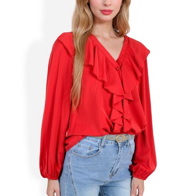 Anna-Kaci Women's V-Neck Blouse with Ruffle Front Detail Puff Sleeves