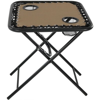 Sunnydaze Weather-Resistant Lightweight Outdoor Folding Sling Side Table with Mesh Drink Holders - Khaki