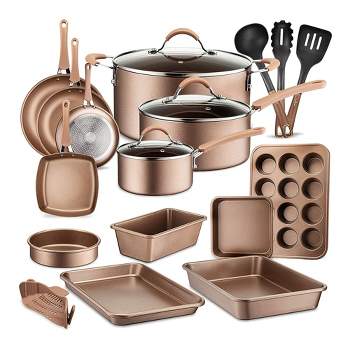 NutriChef 20 Piece Metallic Nonstick Ceramic Pots and Pan Baking Set with Lids and Utensils - gold Bronze