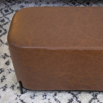Distressed Brown Faux Leather Upholstered Bench with Black Metal Base
