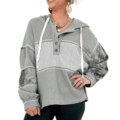 Amaryllis Women’s Striped Waffle Knit Hooded Pullover Top with Button Placket Patchwork Floral Sleeve Detail