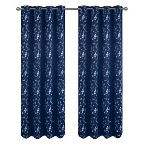 RT Designer Collection Lilian Embroidered Blackout Luxurious Decorative Grommet Curtain Panel Navy - 1 of 4