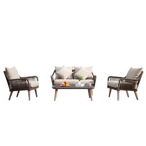 CLIHOME Outdoor 4-Piece Handwoven Rattan Wicker Aluminum Frame Conversation Sets,Modern Rope Patio Loveseat Sets - 1 of 4