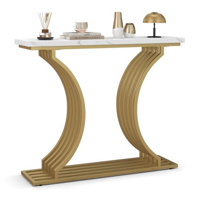 Costway 39" Gold Entryway Table with White Faux Marble Tabletop Geometric Metal Legs
