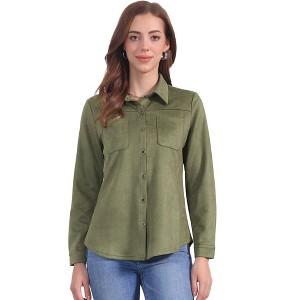 Allegra K Women's Faux Suede Stretch Casual Button Down Long Sleeve Shirt - 1 of 4