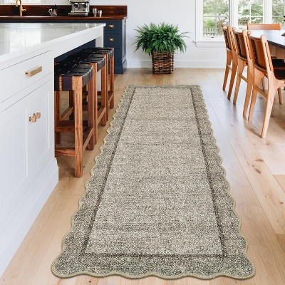 Washable Non-Slip Runner Rug - Soft  Scalloped Carpet for Kitchen, Entryway, Bedroom, Bath, Laundry & Hallway - Stain Resistant
