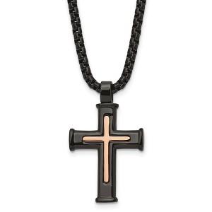 Black Bow Jewelry Mens Black & Rose Tone Plated Stainless Steel Cross Necklace, 24 Inch - 1 of 3
