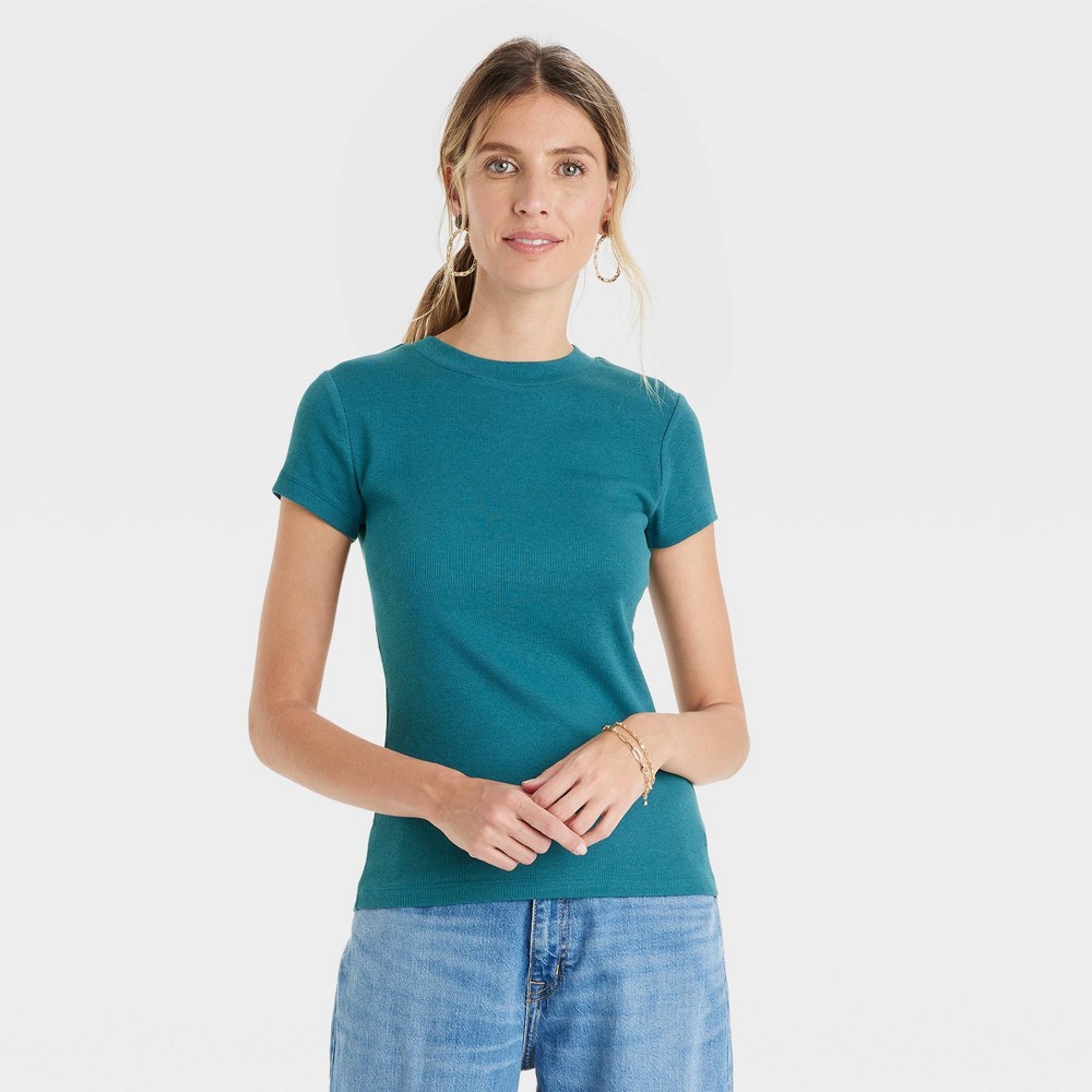 Women's Short Sleeve Slim Fit Ribbed T-Shirt - A New Day Teal S, Blue