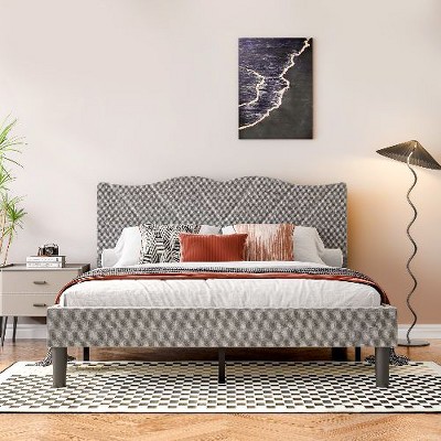 CAVINAS Modern Platform Bed, Queen Size Bed Frame with Upholstered Headboard & Wooden Slats - No Box Spring Needed, Easy Assembly
