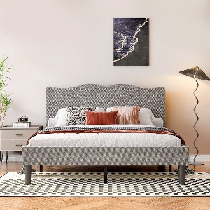 CAVINAS Modern Platform Bed, Queen Size Bed Frame with Upholstered Headboard & Wooden Slats - No Box Spring Needed, Easy Assembly - 1 of 4