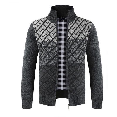 Gioberti Men's Full Zip Block Design Cardigan Sweater With Soft Brushed Flannel Lining