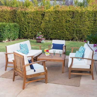 Perla 9pc Acacia Wood Patio Conversation Set - Teak/Cream - Christopher Knight Home