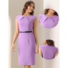 INSPIRE CHIC Women's Elegant Business Round Neck Belted Cap Sleeve Work Sheath Dresses - 2 of 4