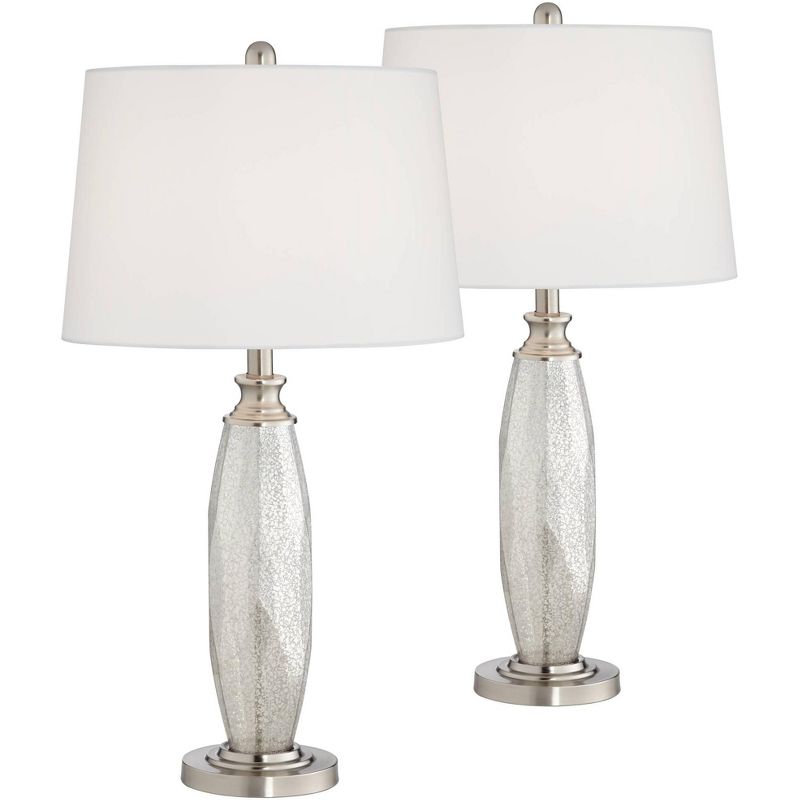 360 Lighting Carol Modern Table Lamps 28" Tall Set of 2 Mercury Glass White Fabric Drum Shade for Bedroom Living Room Bedside Nightstand Office Kids, 1 of 11