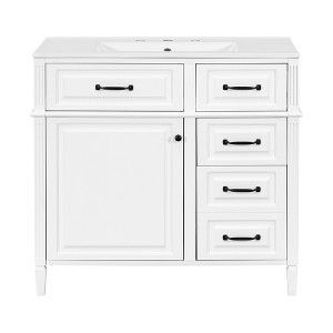 Gulches 36 in 18 in Undermount Rectangular Bathroom Sink in White Solid Rubberwood MDF Ceramic with 4 Drawers Adjustable Shelf Metal Handles - 1 of 4