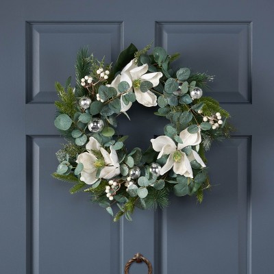 DOMETOUR 21.75 Inch Artificial Christmas Wreath, Leaves and Magnolia Wreath for Front Door Home Christmas Decor Indoor Outdoor