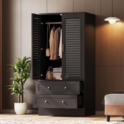 Wardrobe Armoire Closet with 2 Shutter Doors, Hanging Rods and 2 Drawers