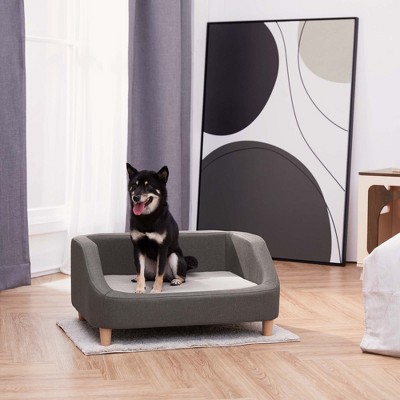 Gray Linen Elevated Pet Sofa with Washable Cushion