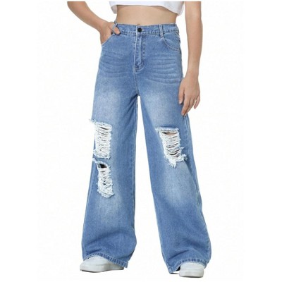 Mocamel Girls High Waist Ripped Wide Pant Leg Jeans Teenagers Loose Casual