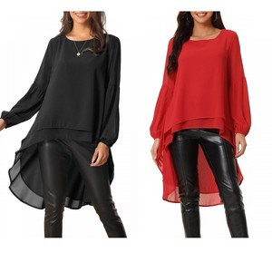 INSPIRE CHIC Women's Lantern Long Sleeve Round Neck High Low Irregular Hem Casual Blouse 2 Packs - 1 of 4