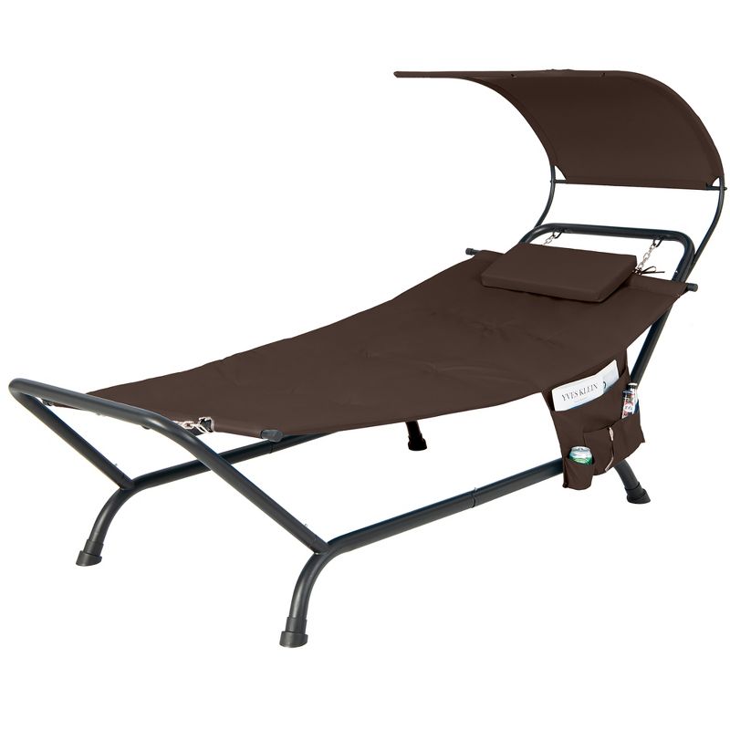 Costway Patio Hanging Chaise Lounge Chair with Canopy, Cushion, Pillow & Storage Bag Blue/Beige/Brown, 5 of 11