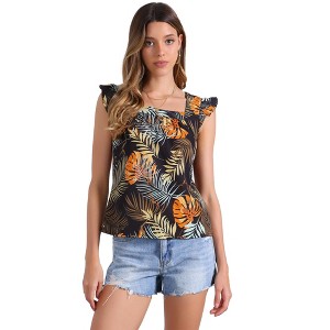 Allegra K Women's Tropical Floral Printed Square Neck Ruffle Sleeve Tank Top - 1 of 4
