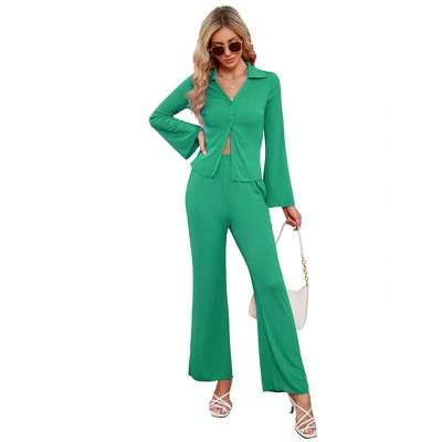 Womens 2 Piece Pleated Pants Sets Long Sleeve Button Shirt Blouse with Wide Pajama Pants Loungewear