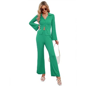 Womens 2 Piece Pleated Pants Sets Long Sleeve Button Shirt Blouse with Wide Pajama Pants Loungewear - 1 of 4