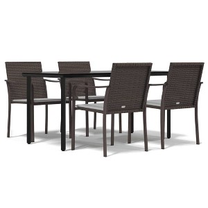vidaXL Patio Dining Set Table and Chair with Cushions Poly Rattan and Steel - Brown 63" Table Length 4 Chairs - 1 of 4