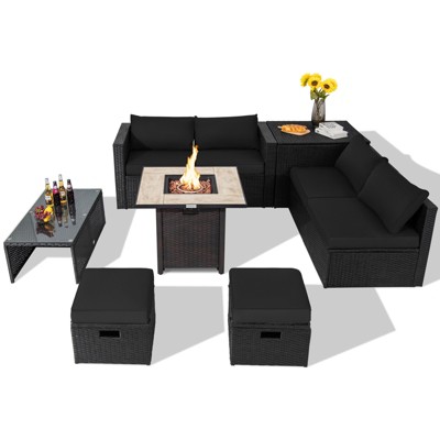 Tangkula 9 Pieces Outdoor PE Rattan Wicker Sectional Sofa with 42" Gas Fire Pit Table Space-Saving Patio Conversation Set with Storage Box Black/Grey/Navy/Red/Turquoise/Off White