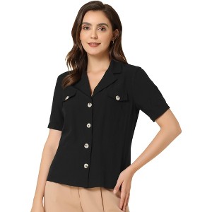 Allegra K Women's Summer Lapel V Neck Short Sleeve Work Button Down Shirts - 1 of 4
